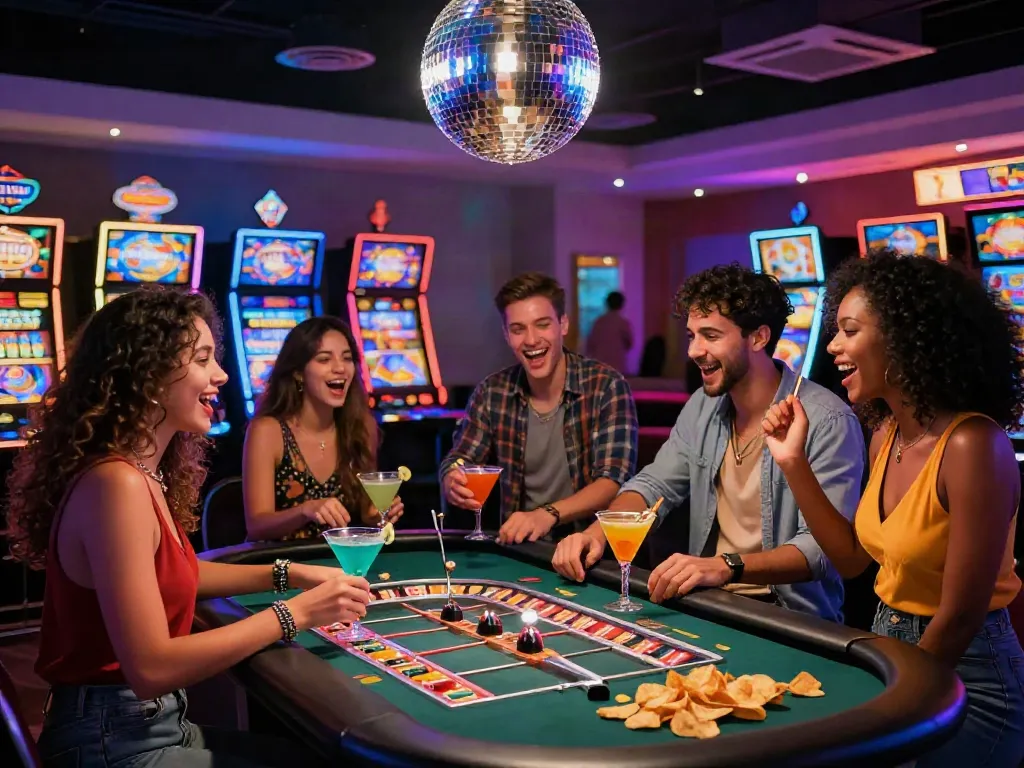 Scène de casino DiscoWin avec amis s'amusant à une table de roulette, ambiance vibrante et festive.