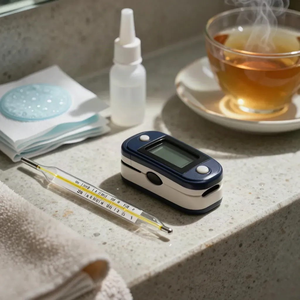 Kit de triage avec thermomètre, oxymètre, spray nasal et tisane sur une tablette de pierre fraîche.