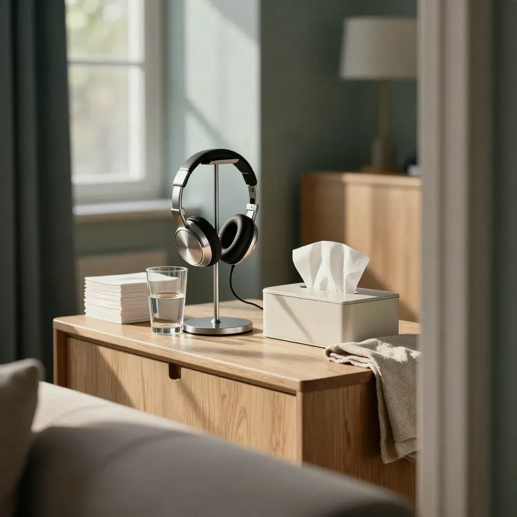 Coin téléconsultation à domicile avec casque, eau, mouchoirs et boîtier dans un salon calme.