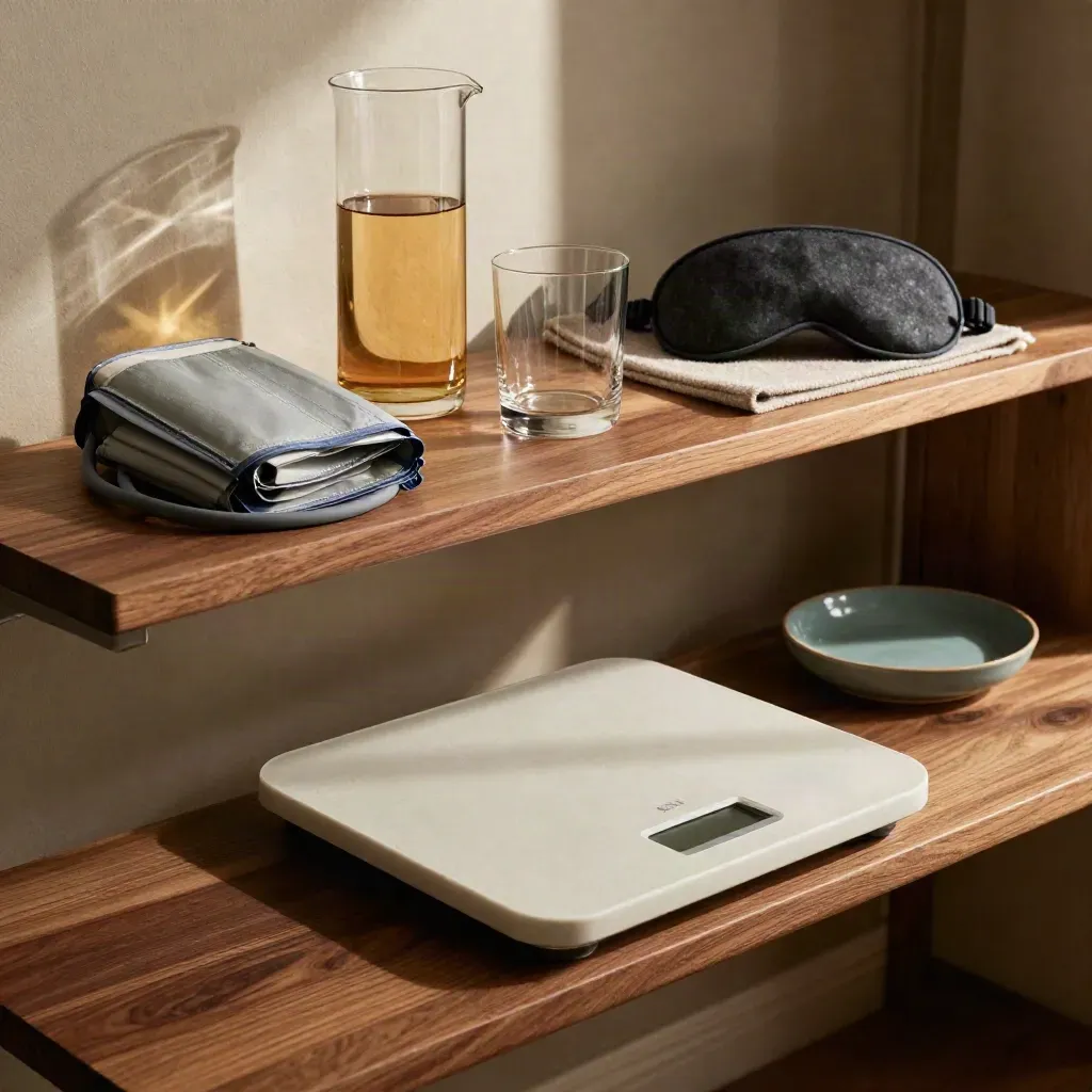 Étagère domestique avec brassard de tension, carafe d’eau, masque de sommeil et balance compacte.