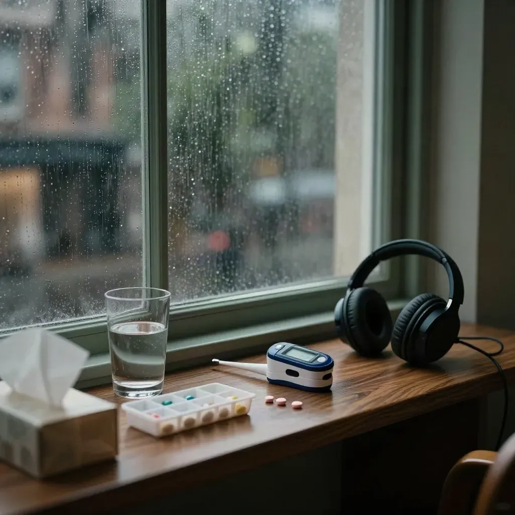 Poste de téléconsultation à domicile près d’une fenêtre ruisselante sous la pluie du soir.