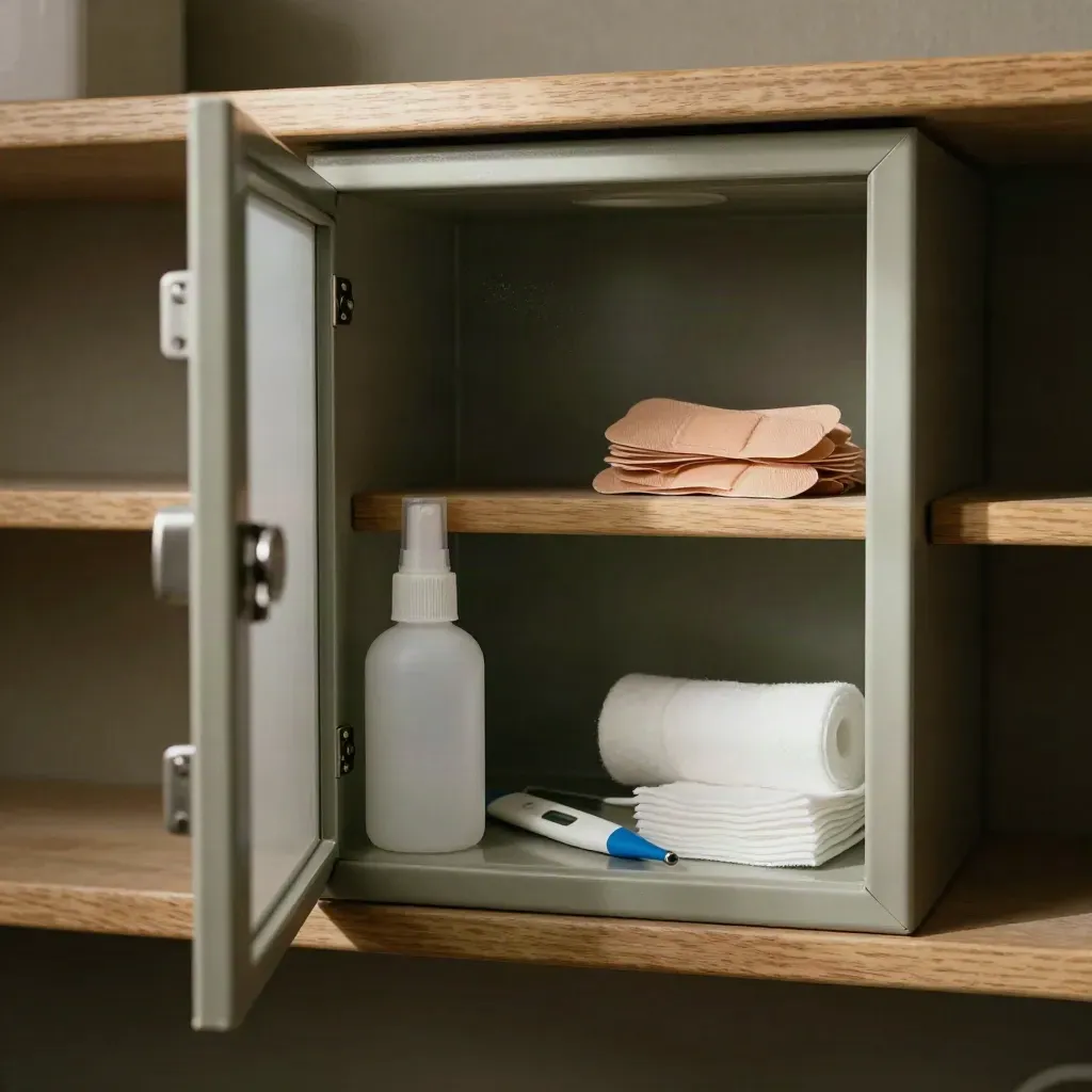 Armoire de premiers soins entrouverte avec spray saline, pansements et thermomètre d’oreille.