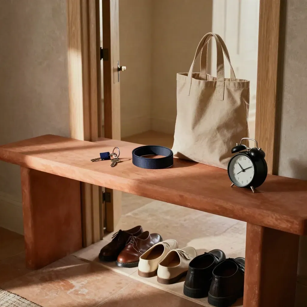 Entrée préparée avec clés, sac familial, chaussures alignées, chargeur et réveil discret.