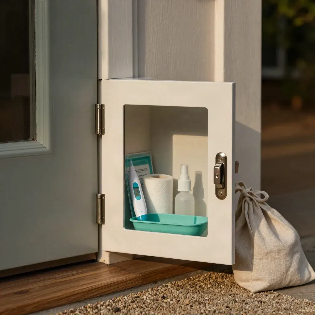 Station de soins à domicile près de la porte, avec kit de fièvre et placard enfant sécurisé.