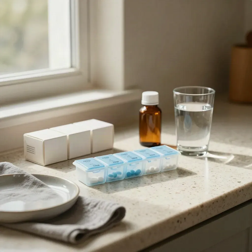 Pilulier refait, boîtes de traitement et verre d’eau sur un plan de travail en lumière douce.