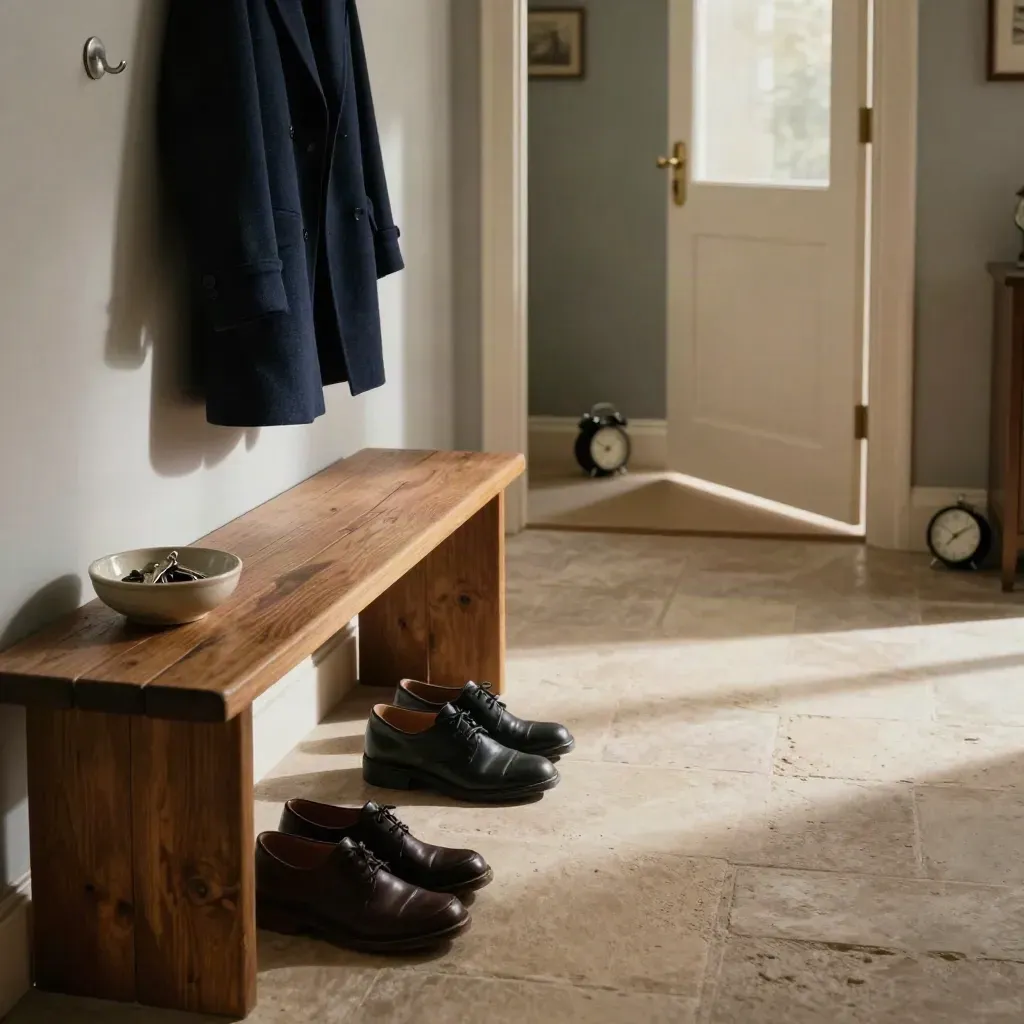Banc d’entrée vide, chaussures alignées, manteau et clés près de la porte, lumière d’aube froide.