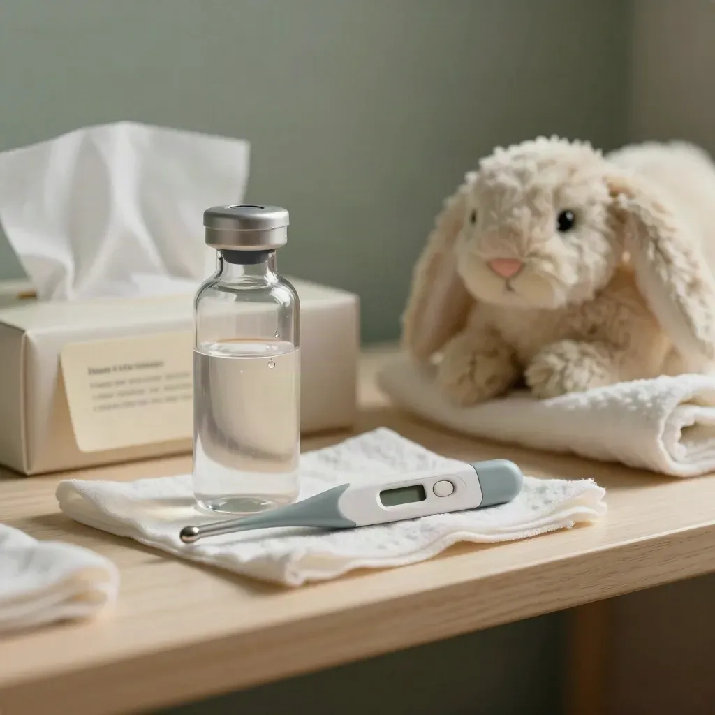 Étagère pédiatrique calme avec sérum physiologique, thermomètre auriculaire, mouchoirs et doudou.