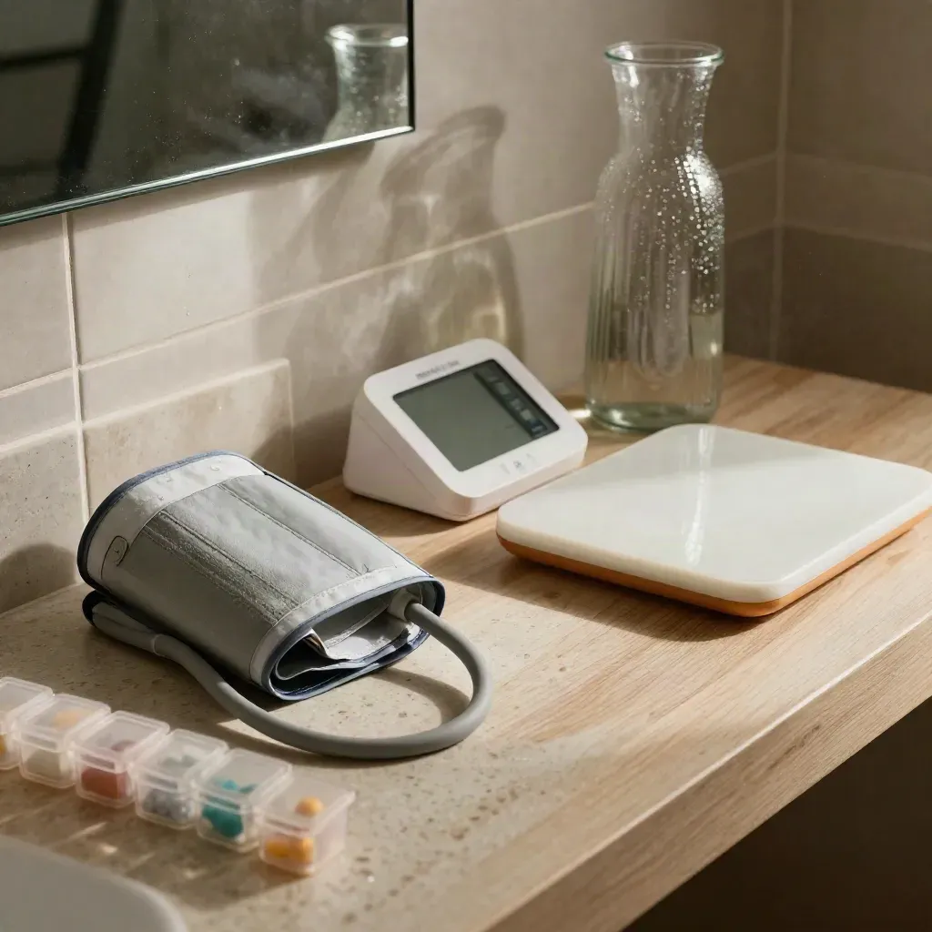 Coin prévention santé avec tensiomètre, balance, carafe d’eau et piluliers sur travertin.