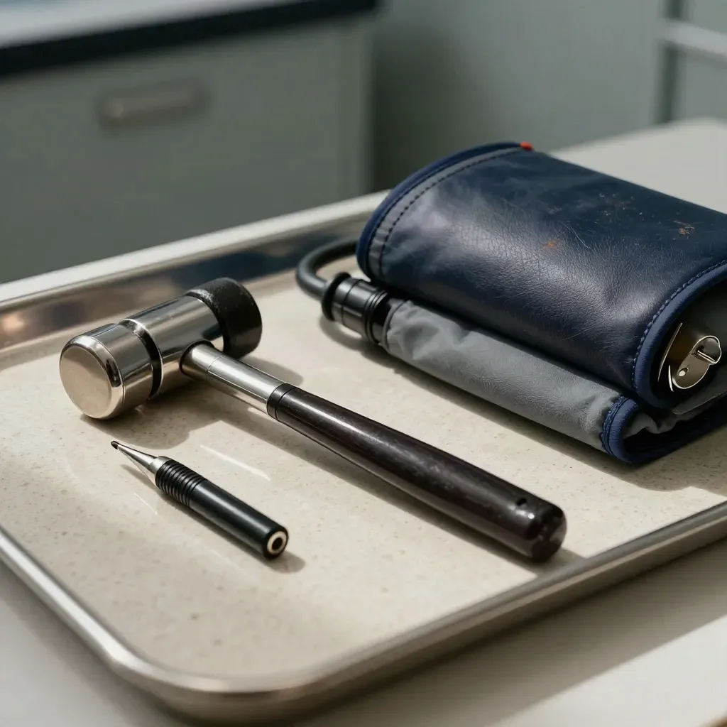 Trousse médicale macro avec marteau à réflexes, otoscope, lampe stylo et brassard sur travertin.