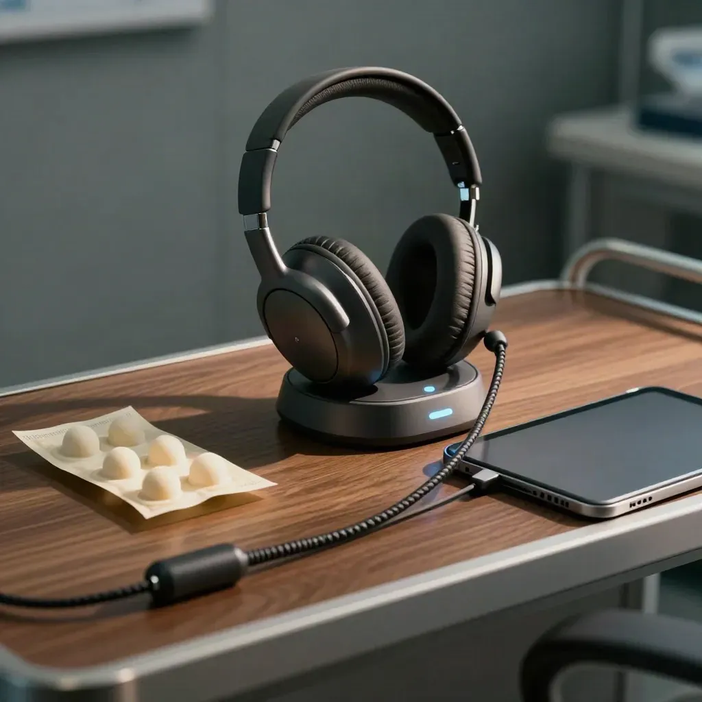 Kit de téléconsultation sur console, avec casque, base de charge et étui de tablette dans une lumière dramatique.