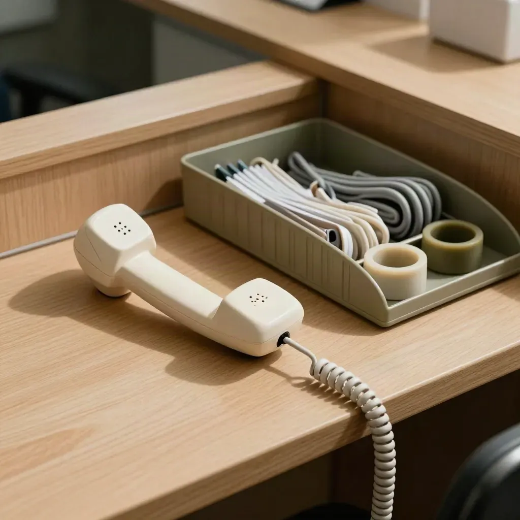 Station de coordination patient avec téléphone fixe, socle de casque et bacs fermés.