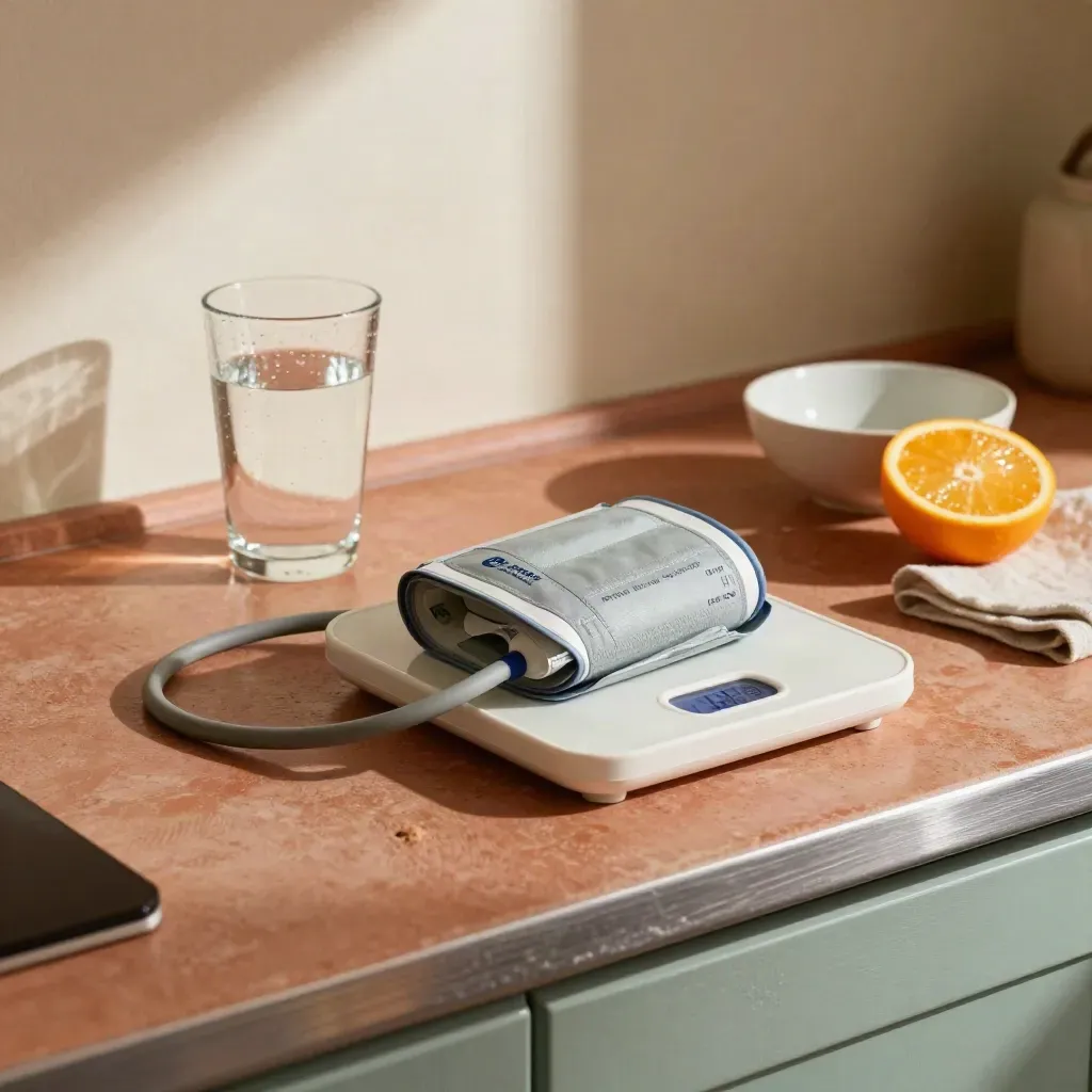 Brassard de tension, verre d’eau et agrumes sur un plan de cuisine en lumière du matin.