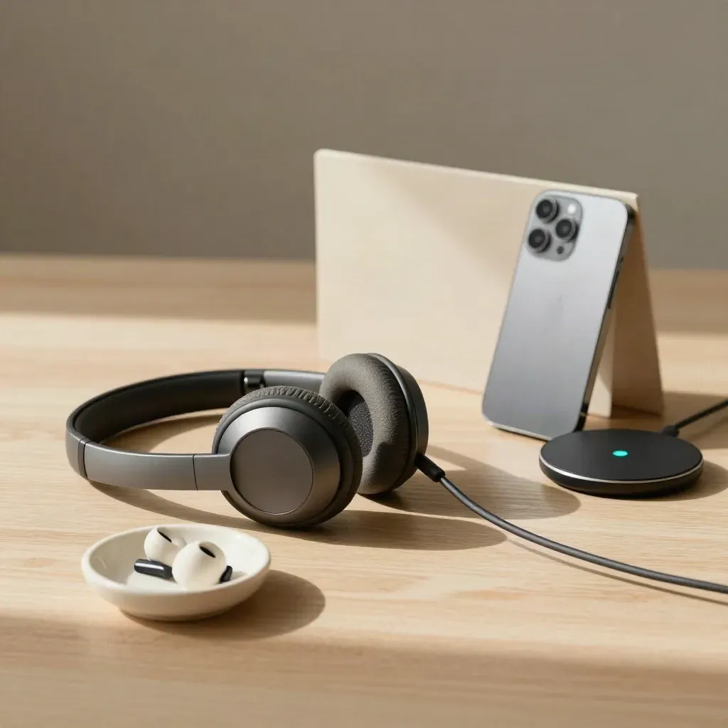 Casque audio, oreillettes, support de téléphone retourné et base de charge sur bois pâle.