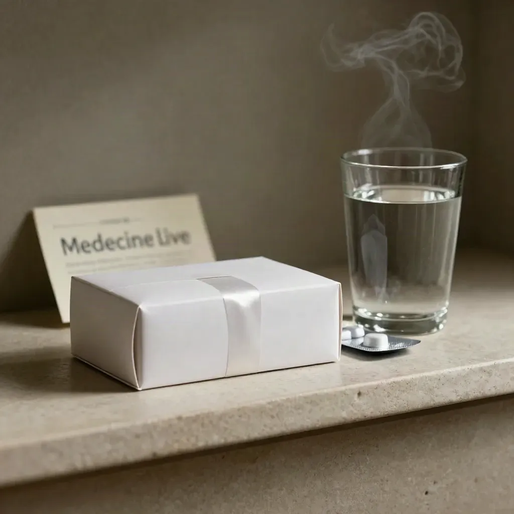 Boîte de médicaments, blister neutre et verre d’eau sur une tablette claire, lumière douce.