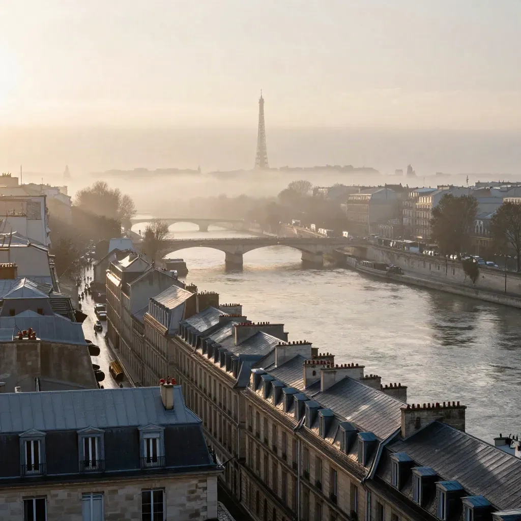 Paris à l’aube, Seine brumeuse et toits haussmanniens sous une silhouette emblématique.