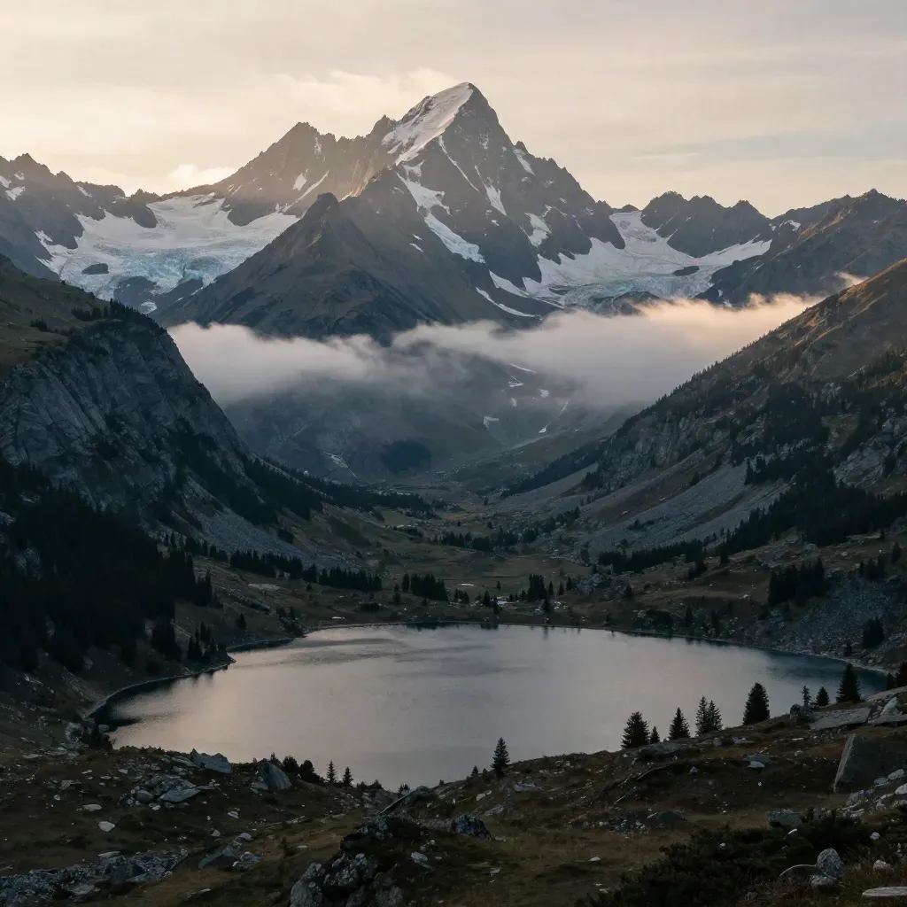 Massif alpin au lever du jour au-dessus d’un lac immobile, brume et vallée calme.