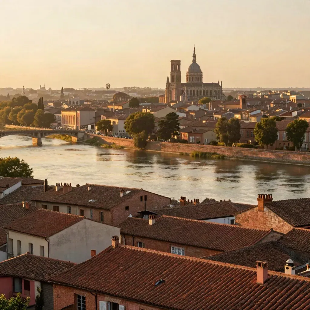 Toits de Toulouse et Garonne au soleil couchant, basilique en silhouette, bas de cadre calme.
