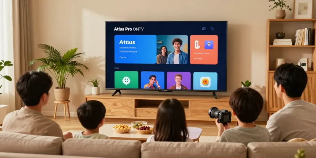 Une famille profite de l'application Atlas Pro ONTV dans un salon moderne.