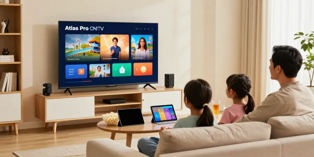 Famille utilisant l'application atlas pro ontv sur leur Smart TV dans un salon moderne.